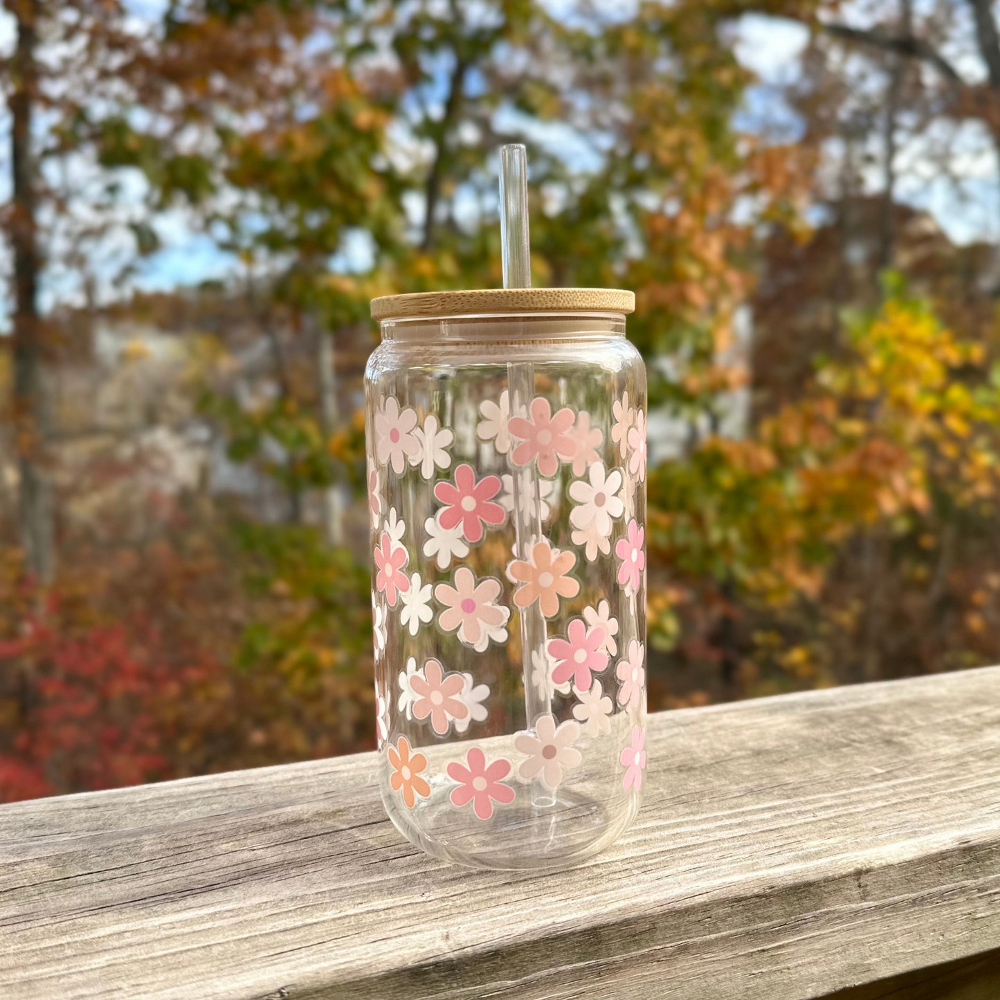 Boho Pink Flowers Glass Cup