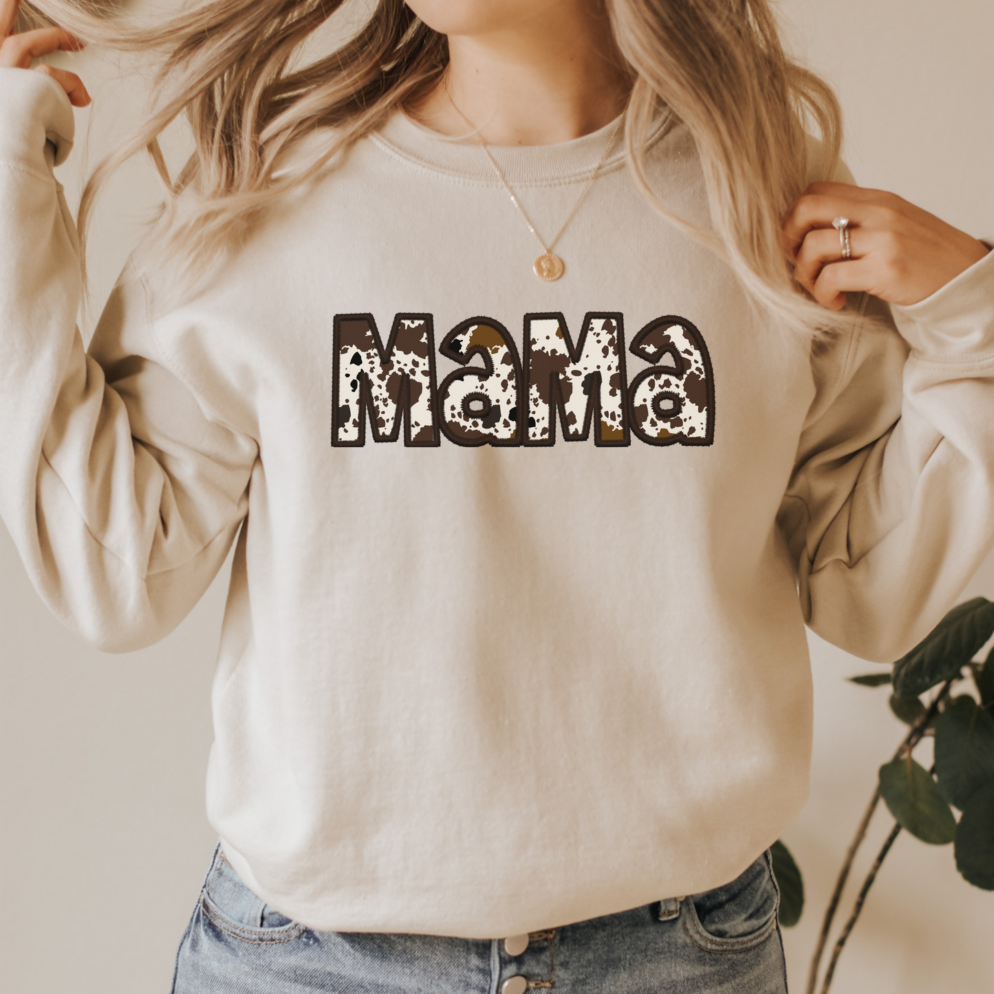 Faux Embroidery Cowhide Mama