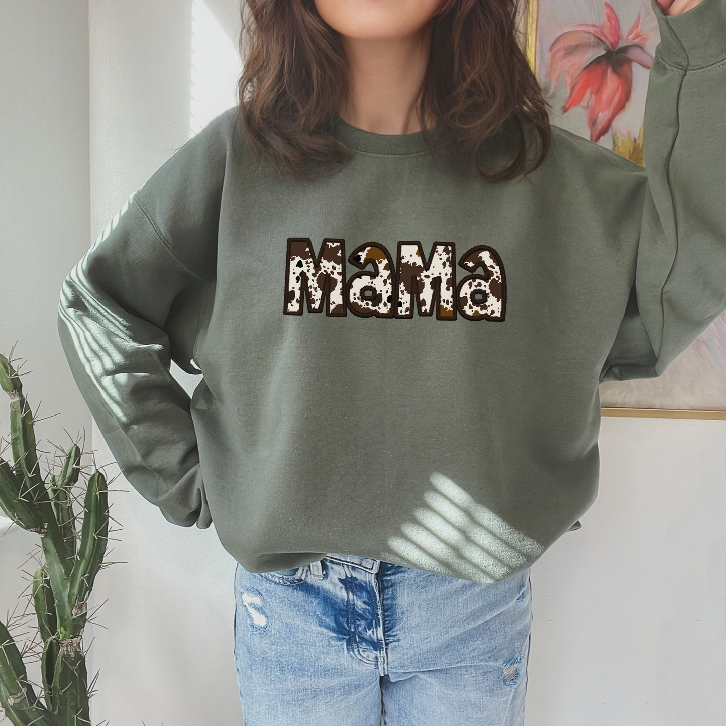 Faux Embroidery Cowhide Mama