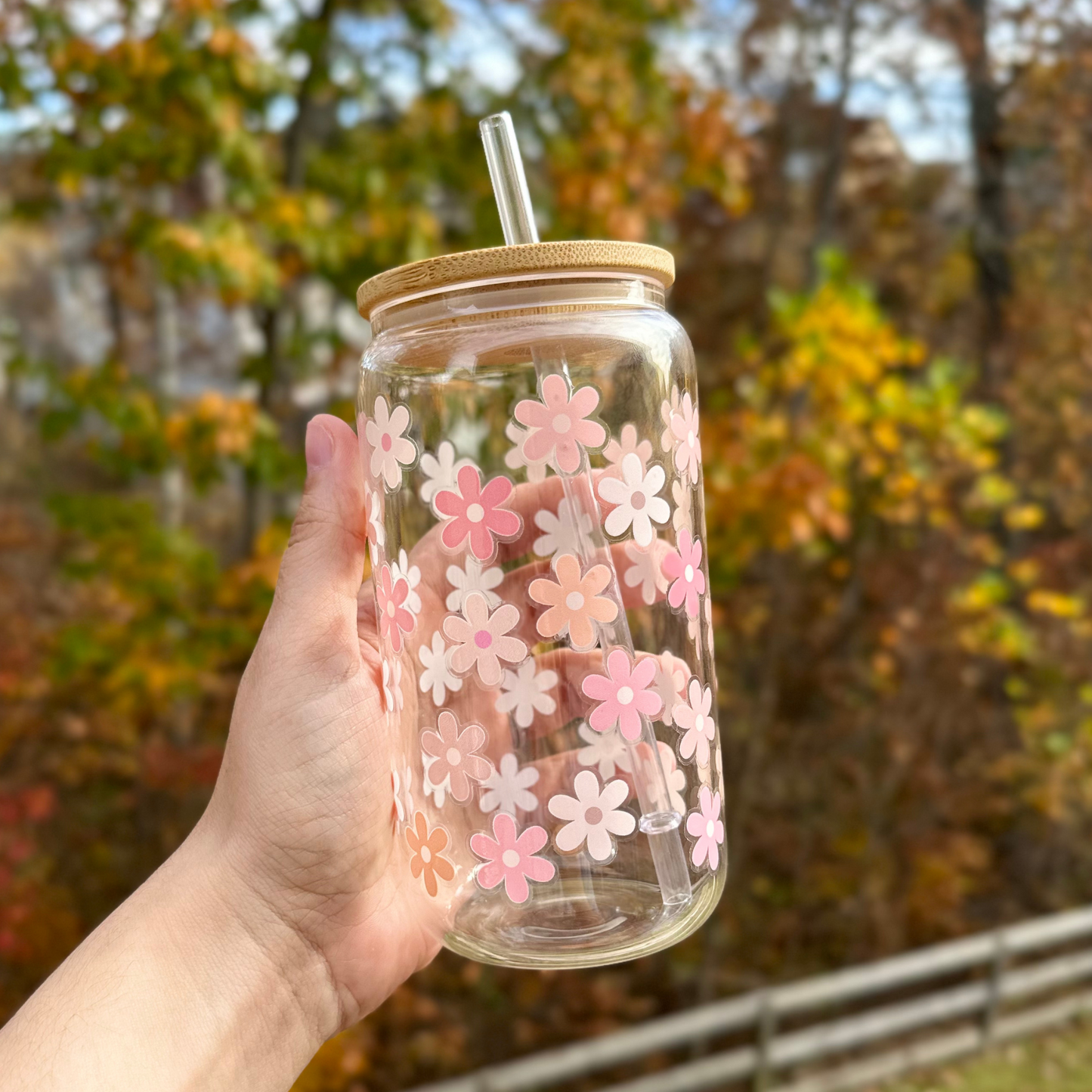 Boho Pink Flowers Glass Cup