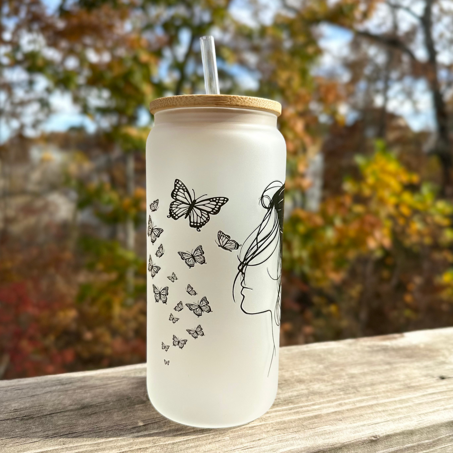 Messy Bun Butterfly Glass Cup